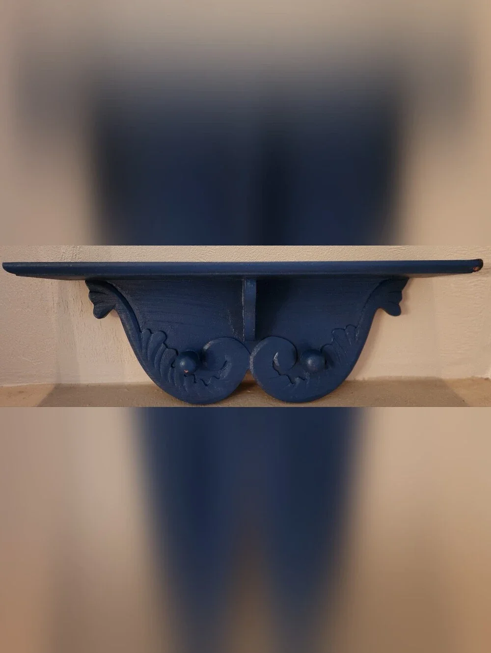 Vintage Blue Carved Wood Wall Shelf with Pegs Ornate Corbel 18